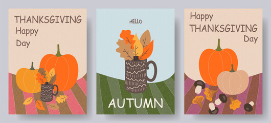 Thanksgiving greeting card set, poster, cover with autumn leaves and pumpkins. Autumn print, banner or flyer design.