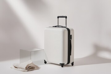 A stylish white suitcase on display, designed for travel convenience and aesthetics.