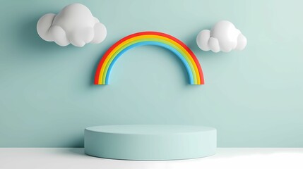 A podium with a rainbow and clouds overhead, 3D background podium, Generative AI illustration