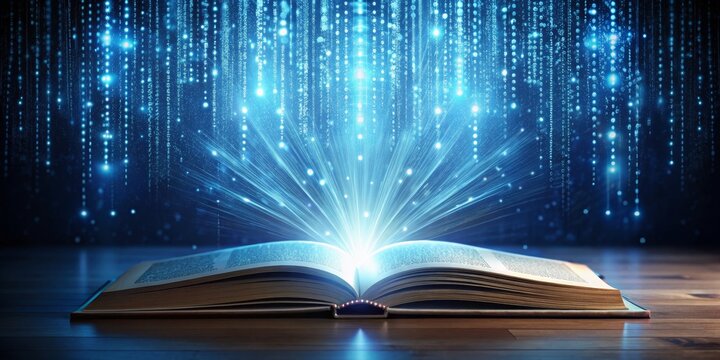Book of Knowledge Open Book Emitting Blue Light with Matrix Code Background, book, knowledge, magic