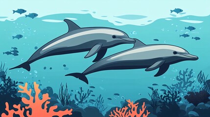 Obraz premium Two dolphins swimming in a coral reef with small fish and bubbles in the water.