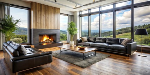 Obraz premium Cozy Living Room with Fireplace and Mountain View, Interior Design, Home Decor, Mountain View