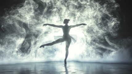 Elegant Ballerina Dancing Gracefully in a Mystical Smoky Atmosphere with Dramatic Lighting