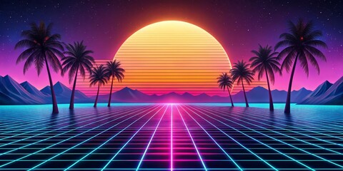 Fototapeta premium Digital Sunset with Palm Trees and Grid, Retro, 80s, Synthwave
