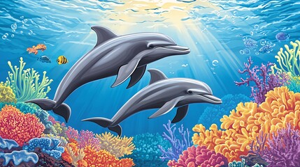 Fototapeta premium Two dolphins swim through a vibrant coral reef.