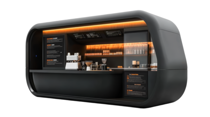 Modern coffee shop with sleek design, ambient lighting, and stylish equipment. Perfect for showcasing contemporary cafe culture.