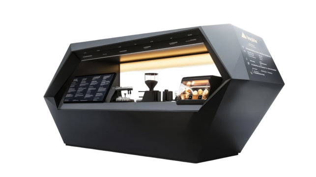 Modern kiosk design with sleek interface, ideal for digital ordering and customer engagement in contemporary retail environments.