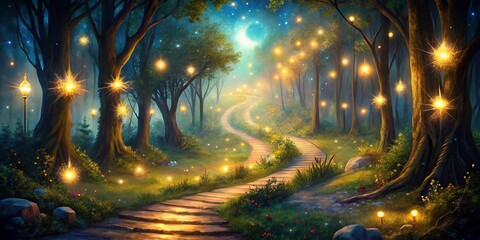 Obraz premium Enchanted Forest Path with Glowing Lights, Digital Painting, Night Forest, Fantasy Landscape, Magic Forest. enchanted forest, fantasy art, digital painting