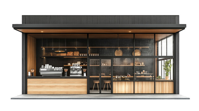 Stylish coffee shop exterior with large windows, wooden accents, and inviting atmosphere perfect for casual meet-ups.