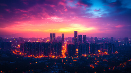 Obraz premium Vibrant Urban Skyline at Dusk with Illuminated Skyscrapers and Dynamic Cityscape Capturing Modern City Living under a Breathtaking Colorful Sky