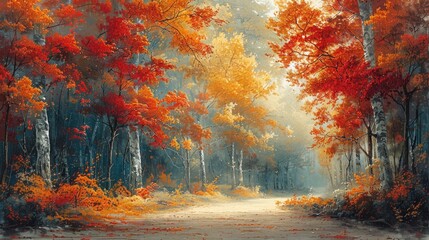 A sunlit path through an autumn forest with red and yellow leaves on the trees.