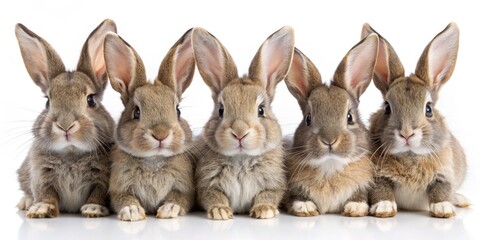 Five Cute Rabbits Sitting in a Row, White Background, Furry, Animal, Pet, Adorable