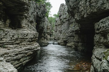 Obraz premium A River Flowing Through a Narrow Gorge Formed by Rocky Cliffs