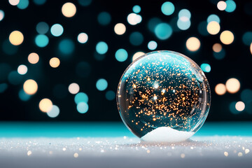 Close-up christmas water globe with snow and gold sparkles bokeh in the background