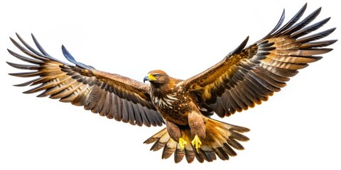 Fototapeta premium Golden Eagle Soaring with Wings Spread, White Background, Bird of Prey, Wildlife, Nature ,Eagle, Bird