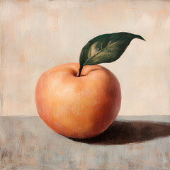 Single peach with leaves on yellow background.