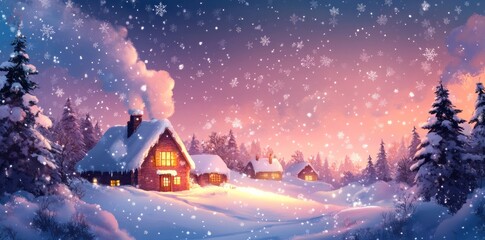 Cozy Winter Cabin With Snow Falling and Lights On