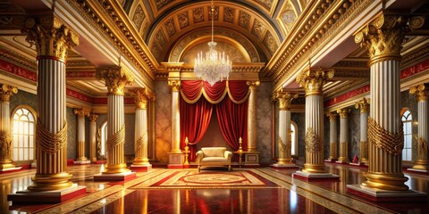 Obraz premium Golden Palace Hall with Ornate Pillars and Red Curtains, Palace Interior, Royal Hall, Luxury