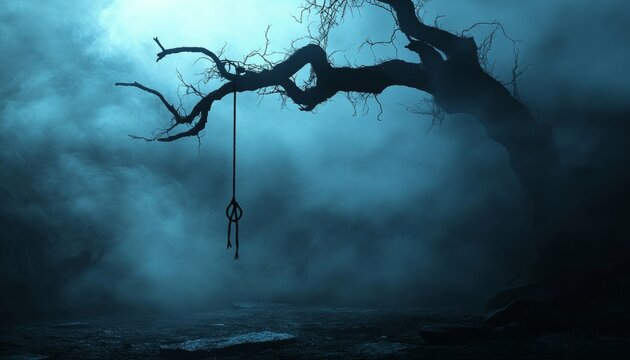 Eerie night scene featuring a noose on a gnarled tree, perfect for halloween horror poster design