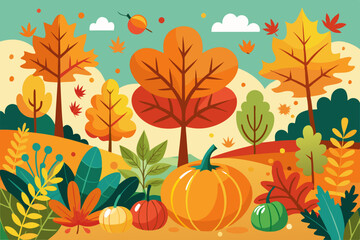 Naklejka premium Vector illustration of autumn scene with maple leaves and pumpkins