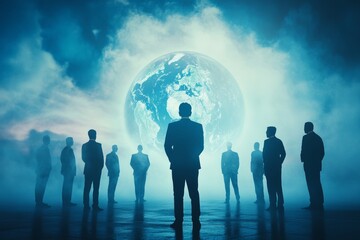 Silhouetted business team with digital earth hologram for global networking and communication