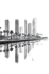 Obraz premium Long Beach, California, black and white pen pencil hand-drawn effect portrait drawing illustration for travel poster, card, wallpaper, backdrop or banner. Modern, clear, artistic and simple