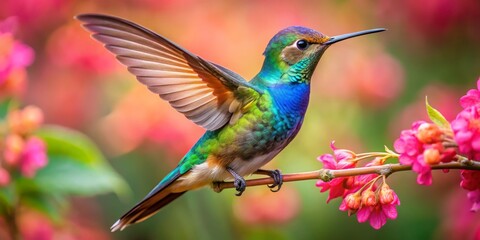 Fototapeta premium Hummingbird in Flight A Vibrant Burst of Color, Wings Spread Wide, Nature's Beauty ,Hummingbird, Nature, Birds
