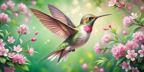 Fototapeta premium Hummingbird in Flight with Pink Blossoms, Digital Painting, Green Background, Spring, Bird, Nature, Flower