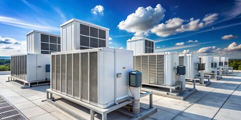 Industrial Air Conditioning Units on a Rooftop, Wide Shot, Outdoor, HVAC, Cooling System, Rooftop Equipment , HVAC System