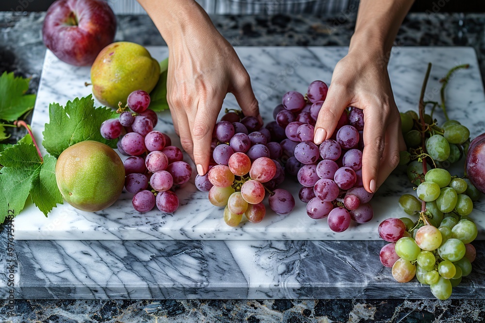 Poster a close-up of fresh grapes on a marble surface.