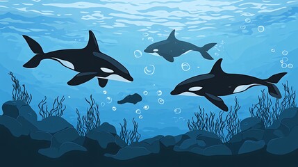 Obraz premium Three orcas swim in the deep blue ocean, surrounded by seaweed and rocks.
