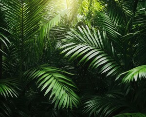A tranquil jungle scene with towering trees swaying gently in the wind, sunlight filtering through jungle trees, tropical, breeze