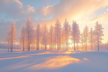 A row of frost-covered trees at sunset, casting long shadows on a snowy field