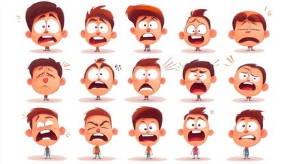 Fototapeta premium Characters in different emotional states such as worry, anger, and excitement, with clear expressions and simple, sharp lines, white background 