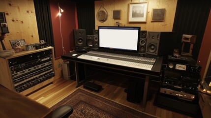 A cozy music studio with audio equipment and a mixing console for sound production.
