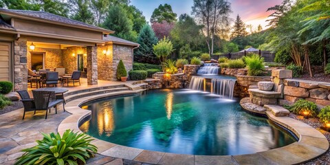 Luxury Backyard Oasis with Waterfall Pool, Sunset, Stone, Waterfall, Pool, Landscape