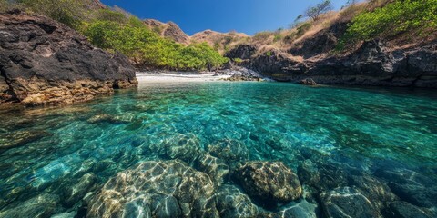 Clear blue water between rocky cliffs.