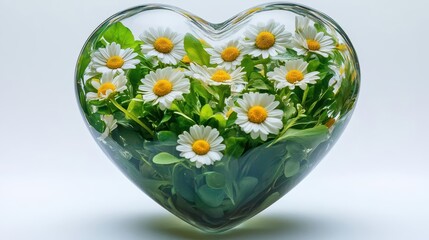 A large floating glass heart filled with delicate daisies and lush green leaves, representing purity and growth