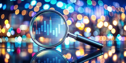 Magnifying Glass on City Lights with Bar Chart, stock market , investment , finance , analysis
