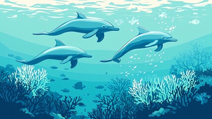 Fototapeta premium Three dolphins swimming in the ocean with coral reef and fish underwater.
