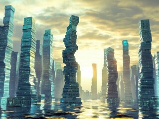Futuristic Cityscape with Towering Skyscrapers at Sunset Reflecting in Water