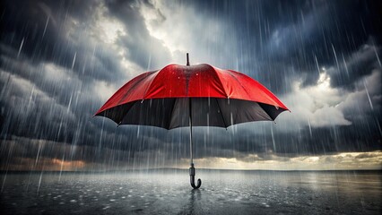 A Black And Red Umbrella Stands In The Rain, Its Vibrant Colors Contrasting With The Gray Sky, Creating A Dramatic And Eye-Catching Image.