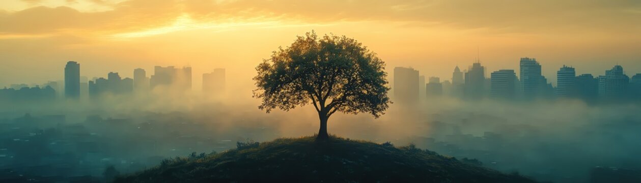 A tree stands resilient in a smoggy cityscape, representing natures struggle against urban pollution