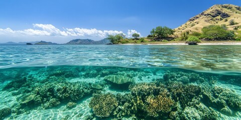 Fototapeta premium Tropical island with underwater coral reef.