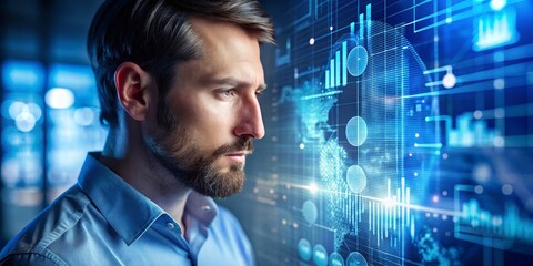 Man Looking at Digital Data on a Screen, Man Looking at a Futuristic Interface with Data, A Man Contemplating Global Data, Data Visualization, Futuristic Data, Digital Analysis, Technology