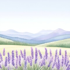 A serene landscape featuring vibrant lavender flowers against a soft, pastel mountain backdrop, evoking tranquility and beauty.
