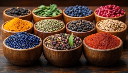 Assorted spices in wooden bowls, vibrant colors, warm lighting, rustic setting