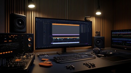Fototapeta premium A modern audio production setup featuring monitors, speakers, and editing software.