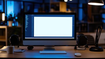 Naklejka premium A desk setup featuring a computer, headphones, and a coffee cup in a dimly lit environment.