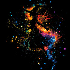 Naklejka premium A colorful illustration depicting a silhouette of a witch flying on a broom against a dark, starry night sky.